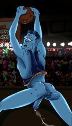 1boy 2024 anus ass balls basketball basketball_(ball) basketball_uniform blanko_(space_jam) blue_hair blurry_background cum flaccid gay heathenpixel jumping looney_tunes male male_only monster penis rabbitcretin solo space_jam warner_brothers yaoi