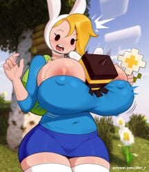 adventure_time backpack bag bee_(minecraft) between_breasts big_breasts cleavage clothing female fionna_the_human_girl human idler_r minecraft pale_skin sweat thick_thighs