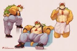 1boy anthro anus arm_hair armpit_hair ass balls beard big_balls big_bulge big_butt big_muscles big_pecs big_penis bodily_fluids body_hair bottomwear bowser bubble_butt bulge chest_hair clothing collar detailed_bulge facial_hair footwear foreskin furry furry_male furry_only genital_fluids genitals hair happy_trail heart_symbol hi_res horns huge_balls huge_cock humanoid_genitalia humanoid_penis kawaakumma koopa male male_nipples male_only mario_(series) muscles muscular muscular_anthro muscular_arms muscular_male nintendo nipples pants pecs penis precum pubes red_hair reptile scales scalie shell shirt shirt_behind_head shoes short_tail simple_background sneakers solo spiked_collar spiked_shell spikes spikes_(anatomy) sweatpants tail tank_top thick_penis topwear towel towel_around_waist yellow_body yellow_scales