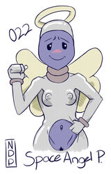 adventure_time belly_button blush character_name halo nipples_visible_through_clothing nomdepenn pubic_hair purple_skin simple_background small_breasts smile space_angel_princess white_background wings