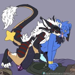 1:1 4_ears ambiguous_species anal anal_sex animal_genitalia animal_penis anthro biped black_body black_fur blue_body canine_genitalia canine_penis cheek_tuft claws countershade_face countershade_torso countershading digitigrade duo entwined_tails erection eye_roll eyebrows facial_tuft felid feline fuf fur generation_4_pokemon genitals green_body green_fur head_tuft hi_res inner_ear_fluff knot looking_at_another looking_at_partner looking_pleasured male male/male male_penetrated male_penetrating male_penetrating_male mane mismatched_animal_penis mismatched_genitalia mismatched_penis multi_ear neck_tuft nintendo nude open_mouth penetration penile penile_penetration penis penis_in_ass pokemon pokemon_(species) red_stripes sex shinx side_view simple_background star_the_shinx stripes tail tail_coil tail_tuft toe_claws tongue tongue_out tuft white_body white_countershading white_fur white_mane