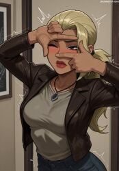 ai_generated artemis_(dc) artemis_crock artist_name blonde_hair blush breasts brown_eyes brown_jacket closed_mouth clothing collarbone dark-skinned_female dark_skin dc dc_comics denim female finger_frame grey_shirt indoors jacket jeans jewelry jousneystudio large_breasts lips long_hair long_sleeves medium_breasts necklace one_eye_closed open_clothes open_jacket pants ponytail red_lips shirt shirt_tucked_in solo trembling web_address young_justice