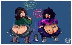 2d_(artwork) 2girls artist_signature ass ass_bigger_than_head ass_bigger_than_torso ass_clapping ass_cleavage ass_crack ass_focus ass_out ass_shake backboob big_ass blush blush_lines bottomwear bottomwear_halfway_down breasts butt_crack fat_ass female female_only freckles freckles_on_ass freckles_on_face friday_night_funkin friday_night_funkin_mod hamb0ne musical_note needlemouse_(series) no_panties onomatopoeia pants_down sara_taylor sarah_henderson_(needlemouse) sharp_teeth step_right_up:_adventure_isle sweat sweatdrop sweating sweaty sweaty_ass sweaty_butt text text_bubble thick_ass twerk twerking