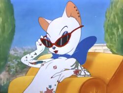 breasts colored domestic_cat edit edited edited_official_artwork edited_screencap feline female flat_chest furry makeup metro-goldwyn-mayer nude outside pierced_ears pierced_nipples piercing ribbon small_breasts solo sunglasses tattoo tattoo_on_belly tattooed_arm tattoos tom_and_jerry toodles_galore white_fur wtperv