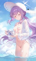 1girls ai_generated atsuko_(blue_archive) beach beach_background blue_archive camera closed_eyes closed_mouth cum embarrassed embarrassed_female floriangess foam halo hat long_hair naked naked_female nude nude_female purple_hair side_view small_breasts tagme