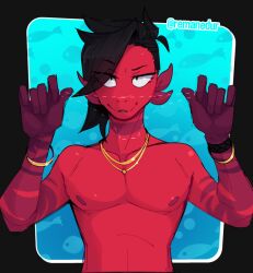 2025 ambiguous_gender anthro black_hair conditional_dnp digital_media_(artwork) fingers hair looking_at_viewer nipples nonbinary_(lore) nude panties_trend red_body remanedur ren_(remanedur) simple_background solo teeth text