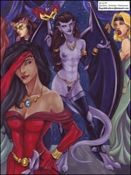 4girls abs angela_(gargoyles) athletic_female dark-skinned_female dark_skin disney dress elisa_maza exhibitionism female female_only gargoyles human humanoid light-skinned_female light_skin margot_yale misunderstanding multiple_girls nipples nude nude_female purple-skinned_female purple_skin vp vp1940