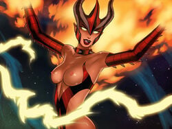 1girls amora_the_enchantress armor breasts collar female fiery_hair fire glowing_eyes marvel marvel_comics nipples solo space spiked_collar sunsetriders7 the_avengers:_earth's_mightiest_heroes thor_(series) topless yellow_eyes