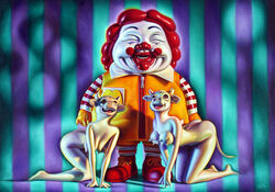 1boy 2girls all_fours anthro ass blue_background bovine breasts clothed clown cmnf cow_girl horns large_breasts mascot mc_supersized mcdonald's multi_nipple nude purple_background ron_english ronald_mcdonald shoes standing supersized tail what