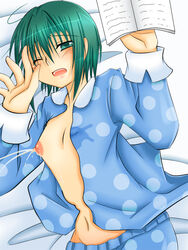 1girls bed blush book breasts female green_eyes green_hair kino kino_no_tabi lactation lying milk nipple nipples open_clothes pajamas small_breasts solo tear