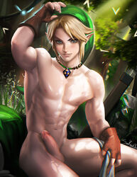 armpits blonde_hair blue_eyes edited erection fingerless_gloves forest gloves green_hat jewelry leaf link male male_only nature navel nintendo nude parted_lips pendant pointy_ears sakimichan sitting solo the_legend_of_zelda toned watermark