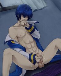 1boy abs artist_request bedroom biting_hand biting_knuckle cum handjob kaito_(vocaloid) kaito_v1 male_only masturbation muscles muscular_male naked_male nipples pecs penis tagme testicles unknown_artist vocaloid vocaloid_1