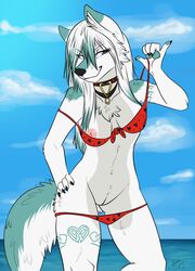 anthro bikini blue_eyes breasts canine clothes color day female mysticsabreonic nipples outdoors saya-darkmoon solo tight_clothes wolf