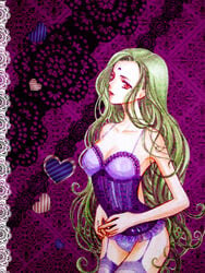 1girls bishoujo_senshi_sailor_moon black_moon breasts clothing esmeraude female garter_straps green_hair large_breasts lingerie long_hair moni_muni pale-skinned_female pale_skin solo stockings tagme villainess