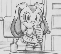 1girls breasts cream_the_rabbit epilepticgerbil exposed_breasts female female_only fur furry monochrome rabbit sega solo sonic_(series)