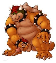 bara bowser cock_ring kronexfire male male_only mario_(series) masturbation muscles nintendo nude one_eye_closed orgasm penis plain_background pubes reptile scalie shell solo spikes standing teeth tongue turtle white_background wristband