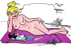 archie_comics beach betty_cooper breasts cactus34 dildo female female_only front_view glasses human nipples nude on_side outdoors pale_skin pussy sex_toy smile solo tanline towel yellow_hair