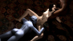 1boy 2girls 3d alien alien_girl ass bisexual bisexual_(female) black_hair blue_skin cunnilingus dark-skinned_male dark_skin fellatio female female_focus human interracial interspecies james_vega male mass_effect mass_effect_3 miranda_lawson multiple_girls nipples nude oral oral_sex penis rastifan sex threesome yuri