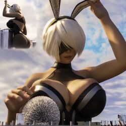 1girls 3d ass big_ass big_breasts blindfold bradengts breasts bunny_ears bunnysuit city clothing female female_only giantess huge_ass huge_breasts light-skinned_female light_skin macro nier nier:_automata nipples solo solo_female white_hair yorha_2b