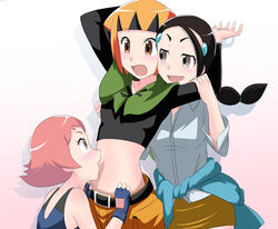 3girls absurdres black_hair blush candice_(pokemon) capelet eye_contact female_only fully_clothed gardenia_(pokemon) green_capelet gym_leader highres human looking_at_another maylene_(pokemon) midriff multiple_females multiple_girls navel navel_fetish nintendo orange_hair pink_hair pokemon pokemon_dppt restrained shirt short_hair takaya_n trio tummy white_shirt yuri