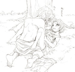 1boy 1girls barefoot blush breasts clothing couple female ilia link link_(twilight_princess) male missionary monochrome outdoors sex shirtless short_hair sketch small_breasts straight sweat tears the_legend_of_zelda twilight_princess under_tree underboob yo_mo