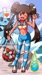 1girls badge breasts clothes color day female female_focus front_view game gym_badge_(pokemon) gym_leader_(cosplay) holding nintendo nipples one_eye_closed outdoors pokemon pokemon_bw2 rorretsim rosa_(pokemon) solo solo_female standing tagme tanline tanlines topless topless_female water wave_badge wink winking