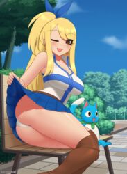 1boy 1girls blonde_hair blush brown_eyes earrings fairy_tail female flashing happy_(fairy_tail) human kuroonehalf lucy_heartfilia male one_eye_closed outdoors panties park_bench presenting_panties presenting_thighs skirt_lift thick thick_thighs thighs upskirt white_panties wink