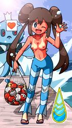 1girls badge breasts clothes color day female female_focus front_view game gym_badge_(pokemon) gym_leader_(cosplay) holding nintendo nipples one_eye_closed outdoors pokemon pokemon_bw2 rorretsim rosa_(pokemon) solo solo_female standing tagme topless topless_female water wave_badge wink winking