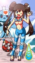 1girls badge breasts clothes color day female female_focus front_view game gym_badge_(pokemon) gym_leader_(cosplay) holding nintendo nipples one_eye_closed outdoors pokemon pokemon_bw2 rorretsim rosa_(pokemon) solo solo_female standing tagme topless topless_female water wave_badge wink winking