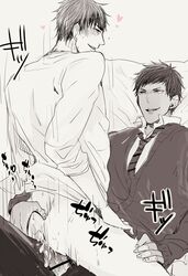 2boys anal aomine_daiki ass ass_grab bara bottomless cowgirl_position cum erection grin happy_sex kagami_taiga kuroko_no_basuke male male_only monochrome multiple_boys muscle muscles naughty_face necktie okota_(tsu_itta) school_uniform sitting_on_person straddling student yaoi