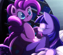 blue_eyes c.d.i. friendship_is_magic grinding my_little_pony night pink_body pink_hair pinkie_pie_(mlp) pony purple_body purple_hair pussy pussy_juice smile straight_hair tears twilight_sparkle_(mlp) wet_pussy