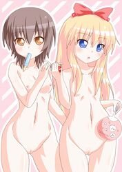 2girls blonde_hair blue_eyes bow breasts brown_eyes brown_hair funami_yui kers kyouko_toshinou long_hair mouth_hold multiple_girls nipples nude pointy_chin pussy short_hair toshinou_kyouko uncensored yui_funami yuru_yuri yuruyuri