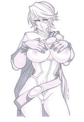 breasts breasts_out daikon_(artist) dc female hands_on_breasts monochrome power_girl pussy_wedgie tagme