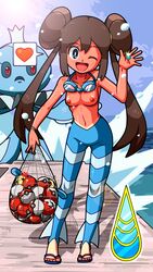 1girls badge breasts clothes color day female female_focus front_view game gym_badge_(pokemon) gym_leader_(cosplay) holding nintendo nipples one_eye_closed outdoors pokemon pokemon_bw2 rorretsim rosa_(pokemon) solo solo_female standing tagme topless topless_female water wave_badge wink winking