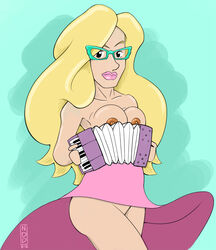 1girls accordion areolae armpits big_breasts blonde_hair bottomless breasts cleavage female female_only glasses lipstick looking_at_viewer makeup nipples no_panties nomdepenn nude nudity sexually_suggestive smile solo toxic_crusaders troma yvonne_(troma)