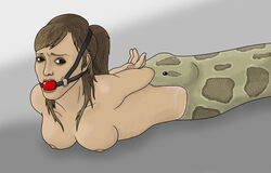 arms_behind_back ball_gag bondage bound breasts brown_eyes brown_hair celebrity female female_prey gag gagged jessica_alba nipples snake tagme topless vore vorephile77