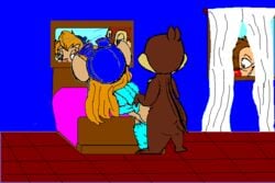 bed blonde_hair brown_fur chip chip_'n_dale_rescue_rangers chipmunk dale disney from_behind gadget_hackwrench interspecies mirror mouse rough_sketch voyeur