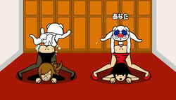 2boys 2girls accurate_art_style assistant assistant_(rhythm_heaven) black_hair blush brown_hair clenched_teeth clothed_sex clothing cum cum_inside dress_lift executive female fever_x_(minus8) from_behind girl_(rhythm_heaven_fever) glasses helicopter helicopter_position helicoptering interspecies long_hair male minus8 multiple_boys multiple_girls nintendo open_mouth penetration penis pig red_dress rhythm_heaven rhythm_heaven_fever sex size_difference small_dom_big_sub tagme top_down_bottom_up what