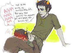 2boys black_hair blue_eyes blush clothing dialogue gay grey_skin holding_penis homestuck horns karkat_vantas male_only ms_paint_adventures open_mouth oral penis pointy_ears red_eyes sharp_teeth short_hair sollux_captor speech_bubble text troll white_background