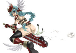 armor ass blue_eyes blue_hair dildo female masturbating_with_weapon masturbation mirim nipple_slip nipples pussy_juice queen's_blade solo sword tagme thighhighs vaginal_penetration weapon