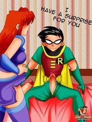 1boy alien black_hair boots breasts dc dc_comics dick_grayson futa_on_male futanari green_eyes human humanoid intersex koriand'r male orange_skin penis red_hair robin_(dc) robin_(dick_grayson) sheanimale skirt_lift starfire tamaranean teen_titans