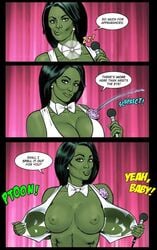 1girls abs areola avengers big_breasts bowtie breasts cleavage co4 comedy comic dialogue earrings english_text female female_only flashing_breasts green_eyes green_hair green_skin hulk_(series) humor large_breasts long_hair marvel marvel_comics nipples she-hulk smile solo speech_bubble text