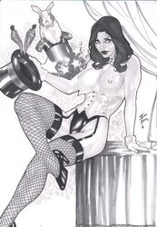 1girls breasts carrot carrots dc dc_comics ed_benes_studio female feral fishnets fur homo_magi human iago_maia justice_league medium_breasts monochrome rabbit signature top_hat zatanna