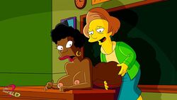 bernice_hibbert black_hair breasts brown_skin claudia-r color dark-skinned_female dark_skin edna_krabappel female female_only hair human indoors interracial multiple_females multiple_girls nipples nude the_simpsons yellow_skin yuri