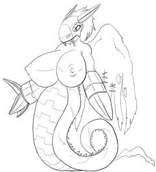 anthro big_breasts breasts claws cyborg digimon dragon female hair helmet huge_breasts marauder6272 mechanical megadramon muscles naga nipples nude reptile scalie slit_pupils solo wings