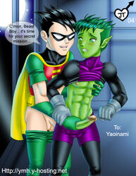 2004 2boys abs beast_boy boner cape dc dc_comics dcau dick_grayson erection gay gay_sex green_skin handjob human jaytee male male_only multiple_males penis robin_(dc) robin_(dick_grayson) shirt_lift teen_titans uncensored undressing yaoi