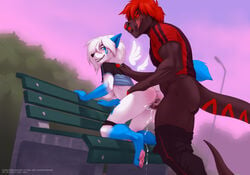 2014 anthro bench blush canine clothing cum cum_in_pussy cum_inside duo female fur grin hair ifus_(character) licking licking_lips lizard male mammal orgasm penetration penis public pussy red_eyes red_hair reptile scalie sex shirt straight tongue tongue_out vaginal_penetration vaginal_penetration white_fur white_hair wolfy-nail xander