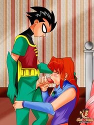 1boy alien blush breasts clothed_sex dc dc_comics dick_grayson dickgirl fellatio futanari green_eyes human humanoid intersex koriand'r male male_on_futa oral orange_skin penis red_hair robin_(dc) robin_(dick_grayson) sheanimale starfire tamaranean teen_titans