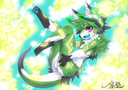 animal_ears areola ass balls black_fur blush body_markings chest_tuft claws ear_fluff fangs fluffy fur glowing green_fur green_hair hair horn langlong legs_up male male_only markings nipples open_mouth pawpads paws purple_eyes short_hair signature simple_background solo star tuft unknown_character unknown_species white_fur wolflong young