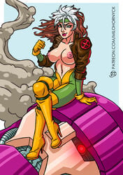 1girls anna_marie big_breasts bodysuit boots breasts brown_hair crossed_legs female female_only footwear gloves green_eyes headband high_heel_boots high_heels knee_boots leather_jacket legs lipstick looking_at_viewer makeup marvel marvel_comics milo_hornyck multicolored_hair nipples open_clothes red_lipstick robot rogue_(x-men) seated sentinel shoes simple_background smoke solo thick_thighs thighs white_hair x-men